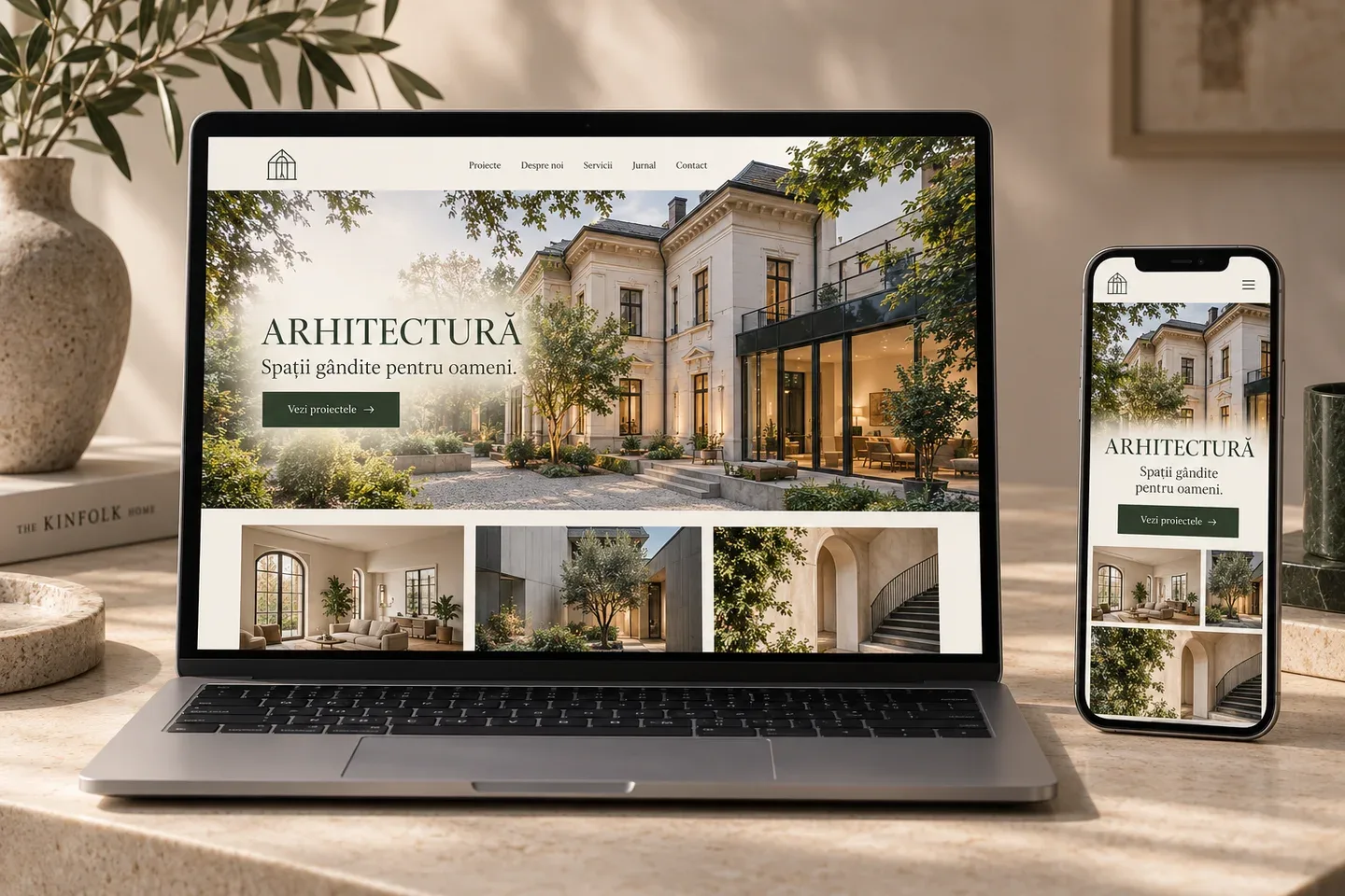 Illustrative architecture website in Romanian on a laptop and phone, with a Bucharest-inspired villa and the headline Spații gândite pentru oameni.