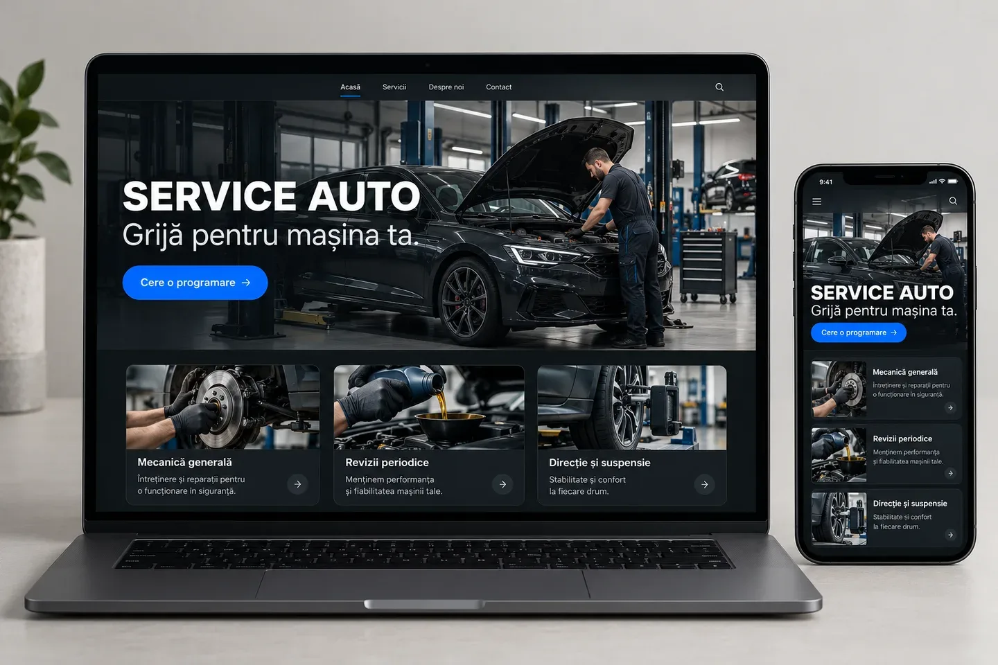 Illustrative Romanian automotive workshop website on laptop and phone with the headline Grijă pentru mașina ta.