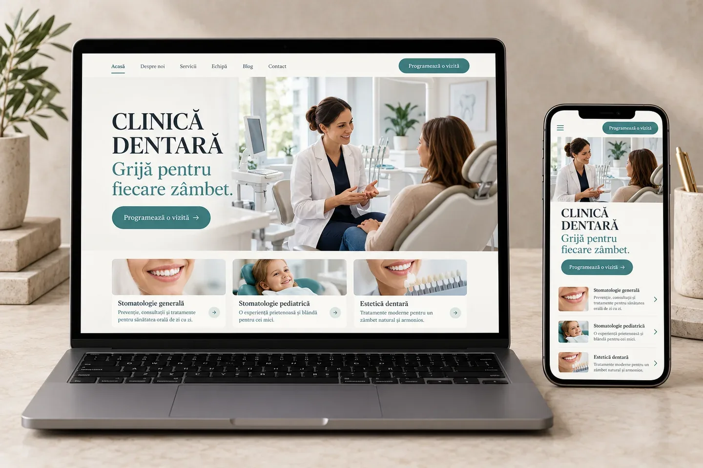 Illustrative Romanian dental clinic website on a laptop and phone, with the headline Grijă pentru fiecare zâmbet.