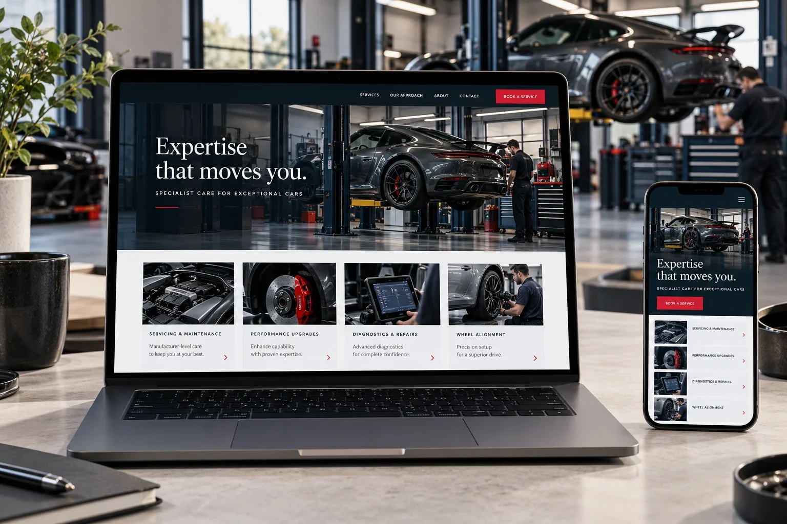 Illustrative automotive website design displayed on a realistic laptop and smartphone