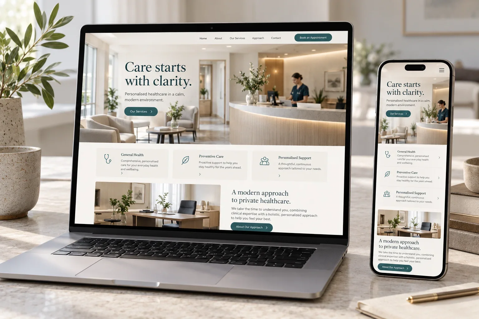 Illustrative healthcare website design displayed on a realistic laptop and smartphone