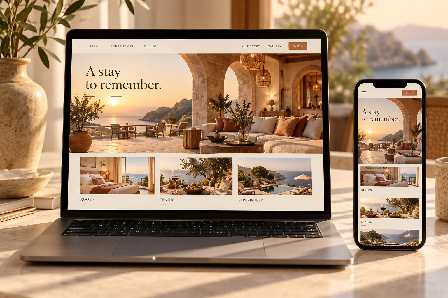 Illustrative hospitality website design displayed on a realistic laptop and smartphone