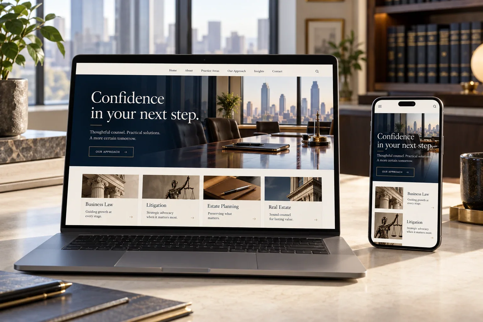Illustrative legal services website design displayed on a realistic laptop and smartphone