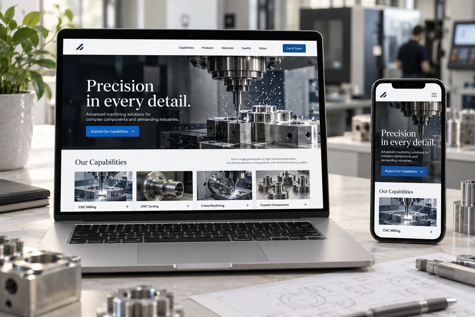 Illustrative manufacturing & b2b website design displayed on a realistic laptop and smartphone