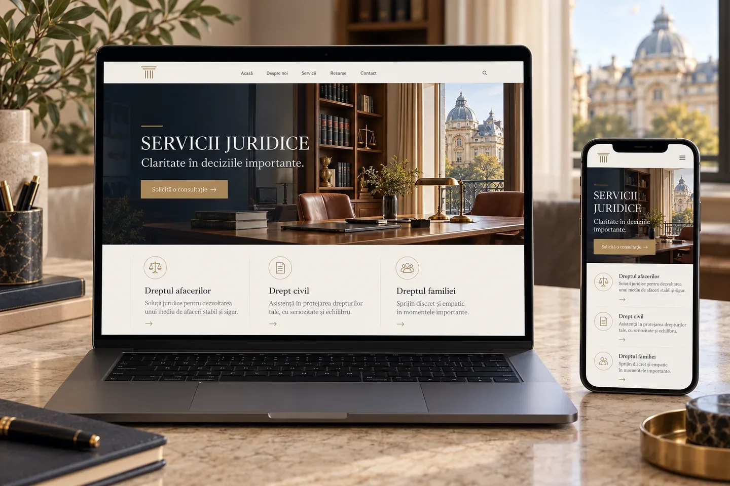 Illustrative Romanian legal services website on laptop and phone with the headline Claritate în deciziile importante.