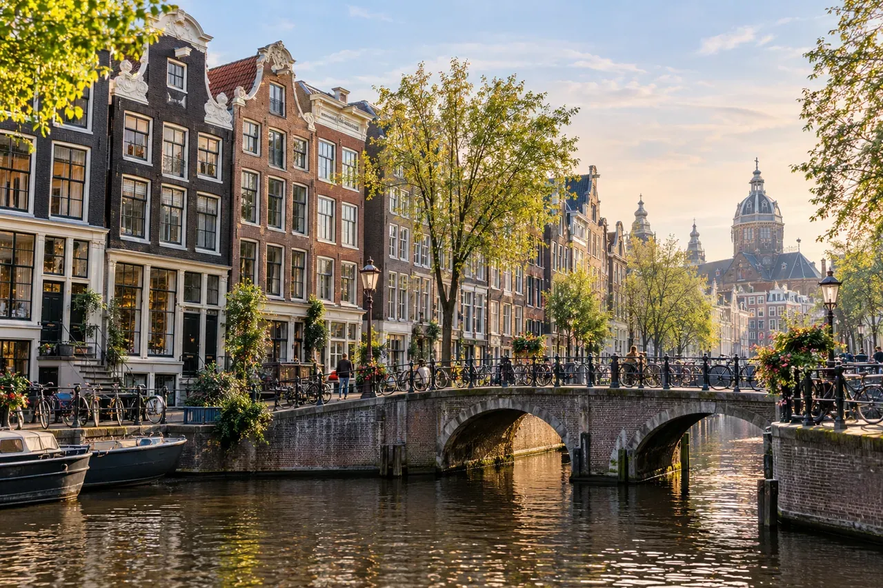 Illustrative city scene of Amsterdam, Netherlands.