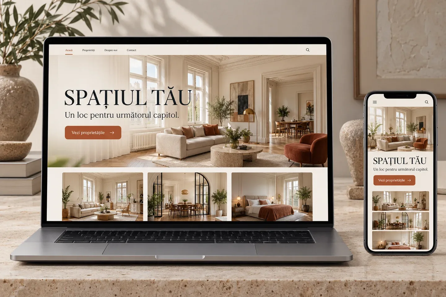 Illustrative Romanian property website on laptop and phone with the headline Un loc pentru următorul capitol.