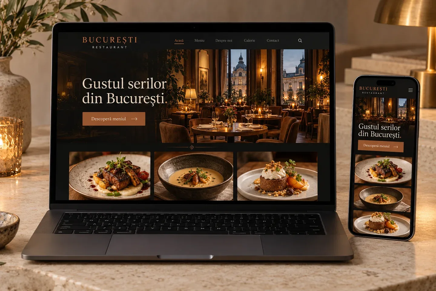 Illustrative Romanian restaurant website on a laptop and phone, with a Bucharest-inspired dining room and the headline Gustul serilor din București.