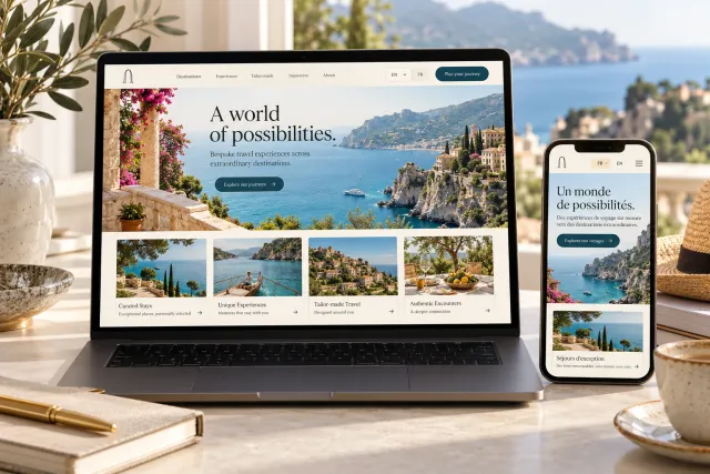 Illustrative multilingual websites design on a laptop and smartphone