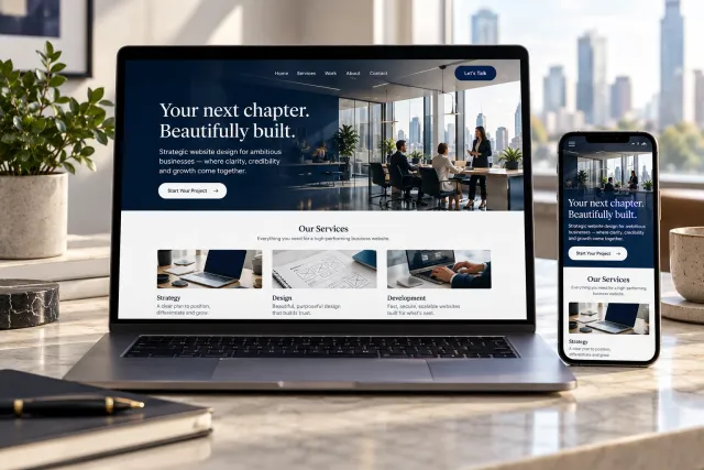 Illustrative business websites design on a laptop and smartphone