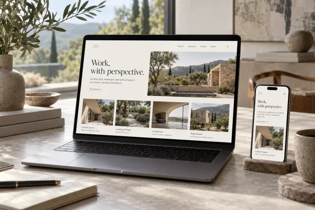 Illustrative online portfolios design on a laptop and smartphone